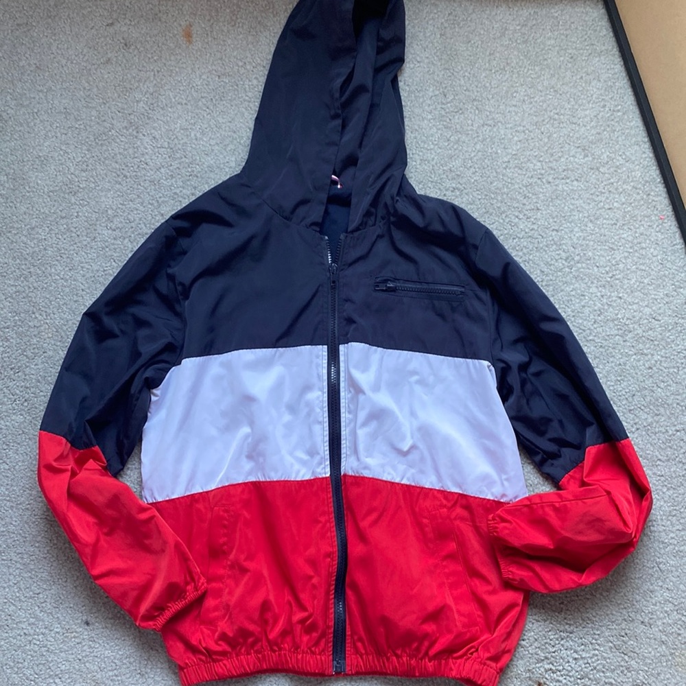 Red white and blue wind breaker jacket